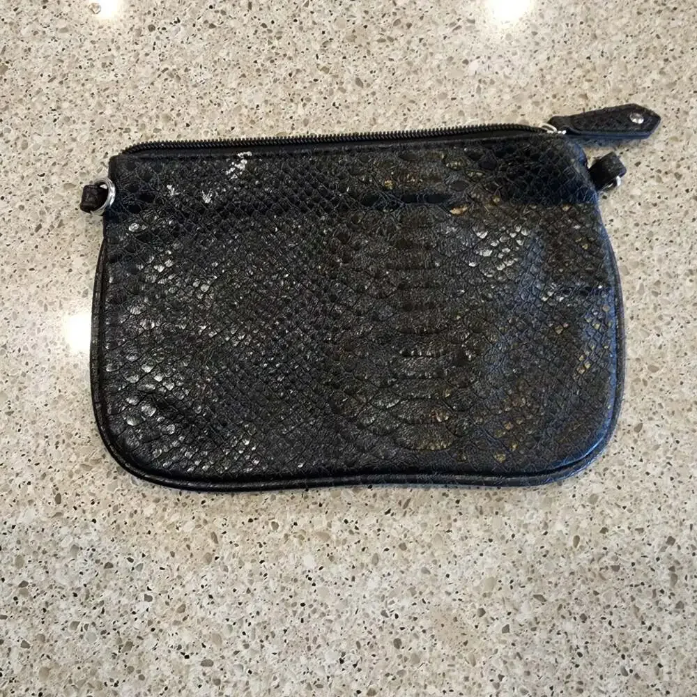 Kathy Van Zeeland Black Faux Snake Embossed Zippered Pouch Clutch